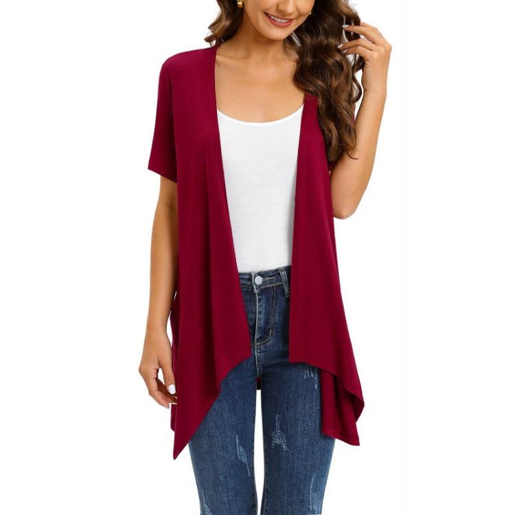 2023 Fashion Women Short Sleeve Cardigan Solid Color European American Style