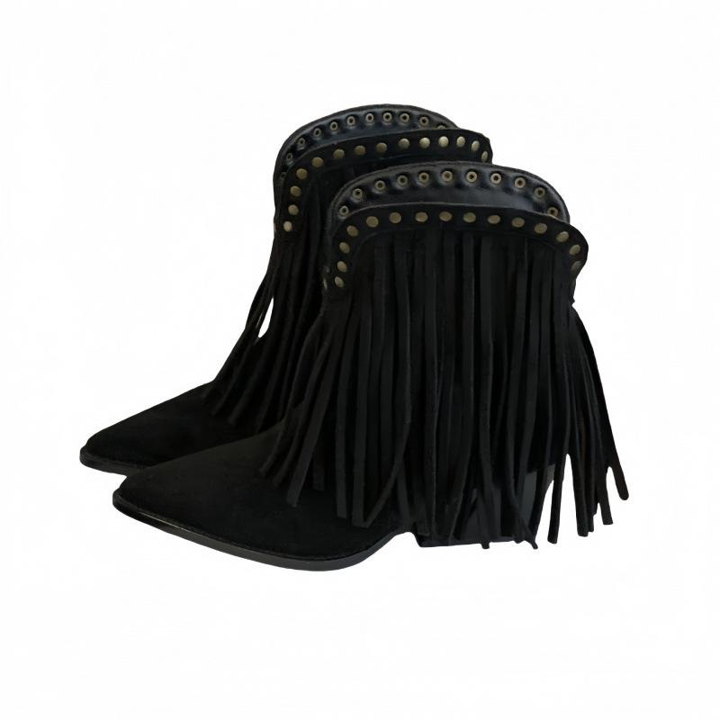 2025 new thick heel pointed frosted leather fringed Martin boots V-mouth thin knight boots western cowboy boots short boots