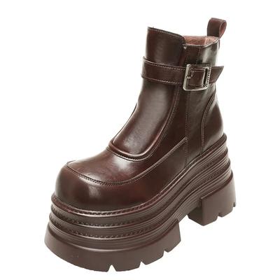 Neue Damen Pelz Stiefeletten Dicke Sohle Leder Kampf Motorradstiefel Herbst Winter Warm Plüsch Hohe Plateau Schneestiefel Frau 10CM