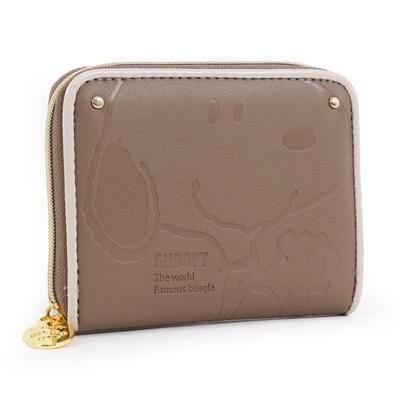Snoopy Women's Coin Purse, Round Zipper, Cute Character Mini Wallet with Accordion Embossed PEANUTS (Gray)