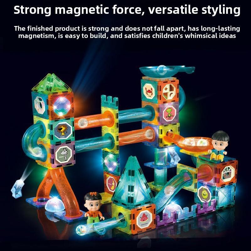 Geometric Magnetic Piece Children Splicing Track Ball Toy Set With Light For Kids Diy Educational Play Set