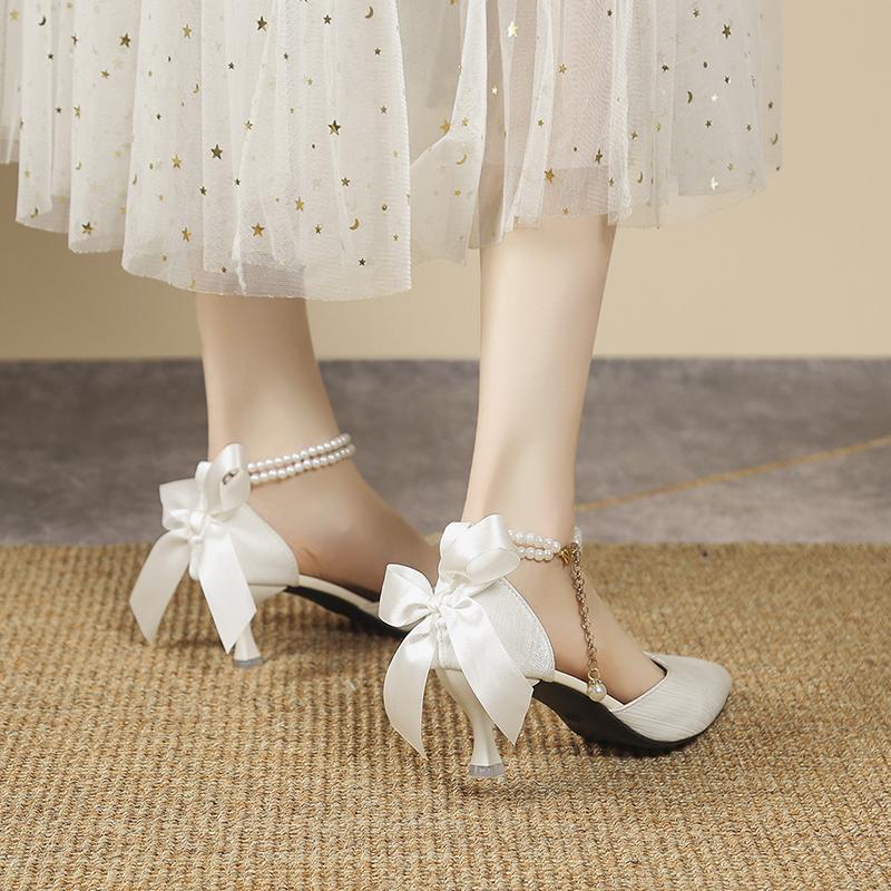 Fashion New Women Thin Heel Hollow Sandals Woman Pearl Butterfly Pointed Toe High Heels Womens Shoe Wedding Shoes