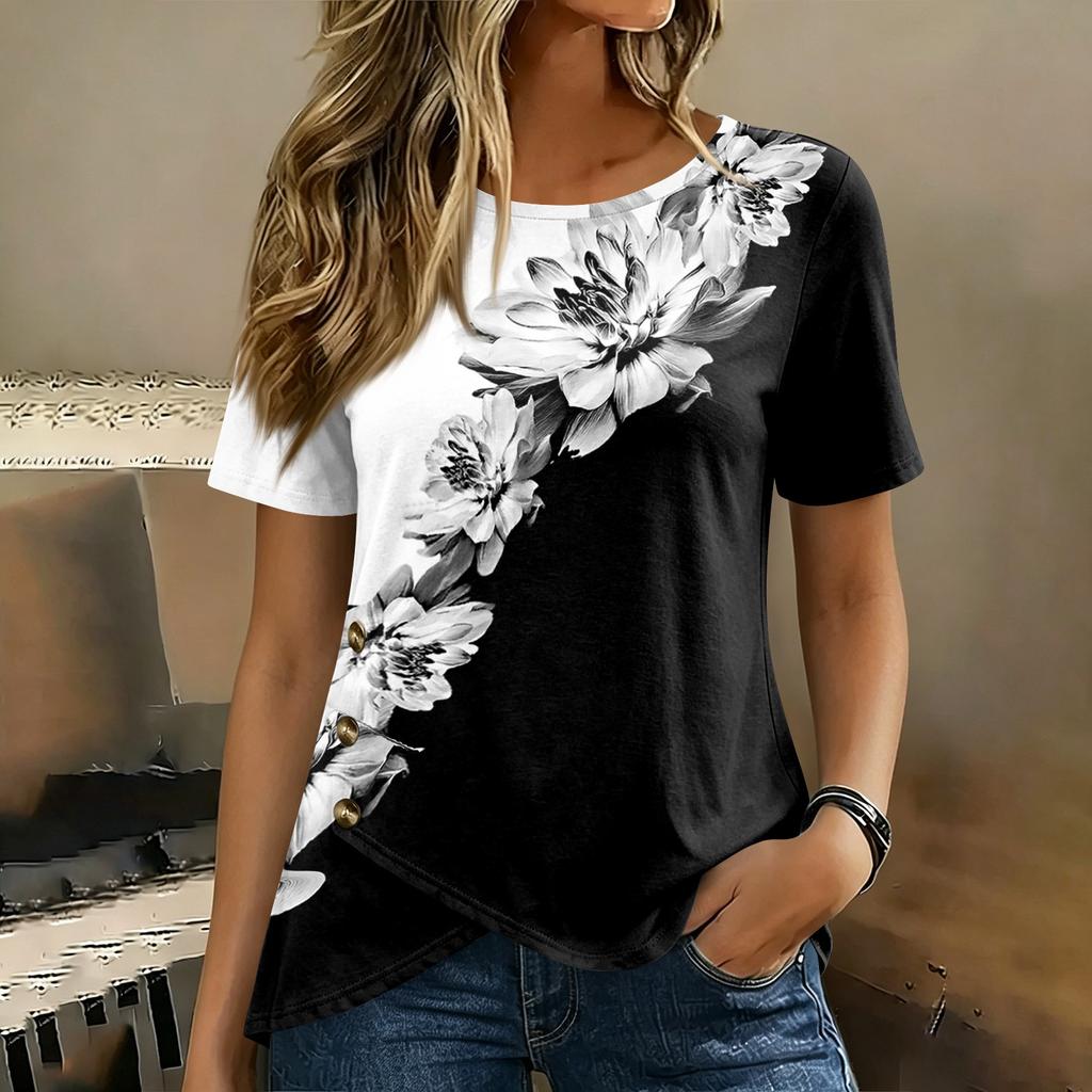 Women Short Sleeve Round Neck Top Floral Print Button Detail Casual Blouse Lightweight Summer Shirt