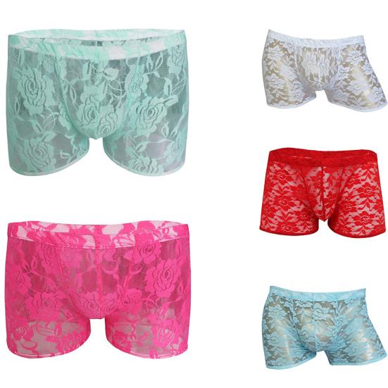 Pánské duté krajkové síťované průhledné boxerky Sexy prodyšné spodní prádlo kalhotky