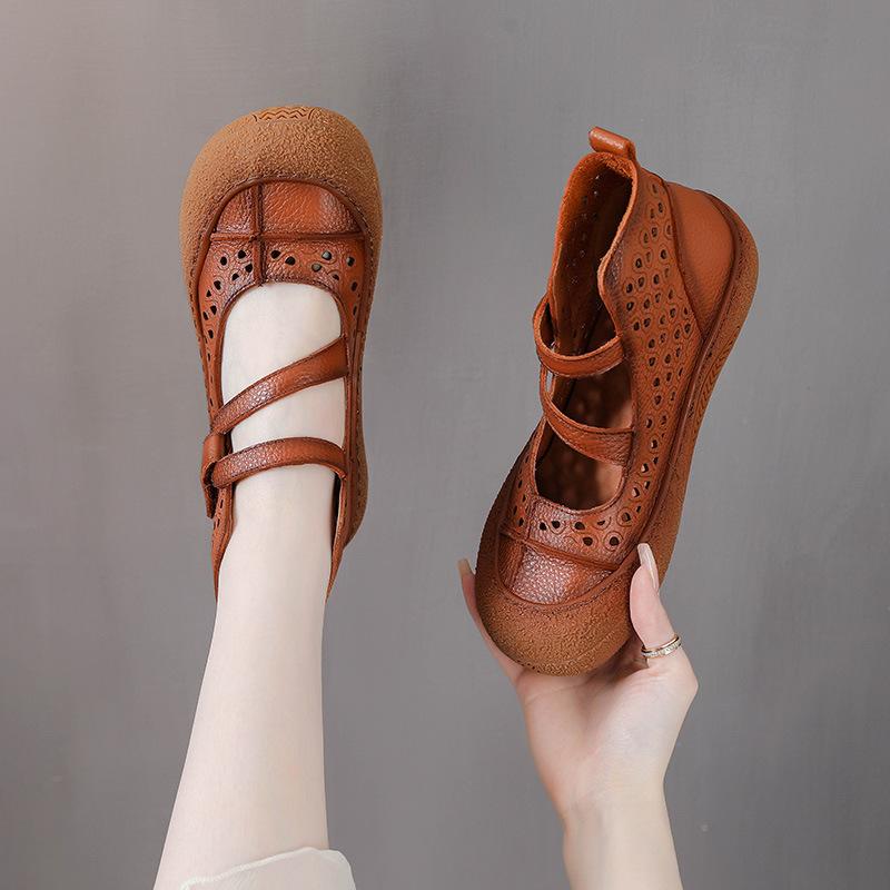 2025 Summer Retro Handmade Women's Shoes Genuine Leather Soft Bottom Mom Sandals Cowhide Hollow Out Casual Sandal Boots