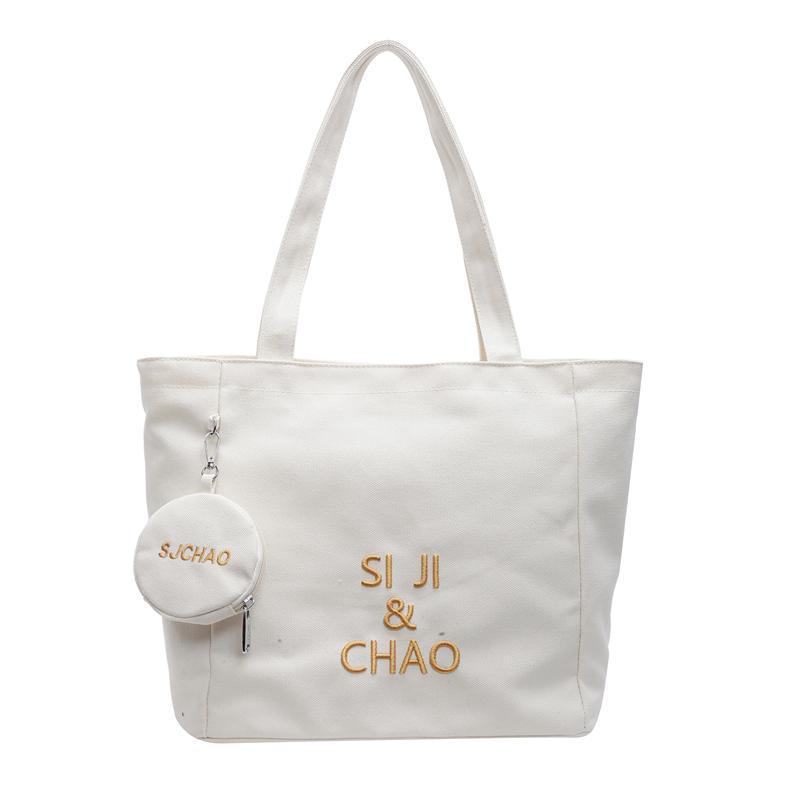 

Большая вместительная сумка-тоут с вышитыми буквами, женская холщовая сумка через плечо бежевый