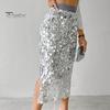 High-waisted Skirt Women High Waist Sexy Hip-Hugging Sequin Glitter Solid Midi Color Mid-calf Length Hip Wrapped Slimming Design Wedding Clubwear