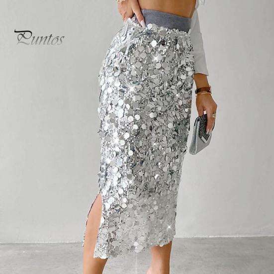 High-waisted Skirt Women High Waist Sexy Hip-Hugging Sequin Glitter Solid Midi Color Mid-calf Length Hip Wrapped Slimming Design Wedding Clubwear