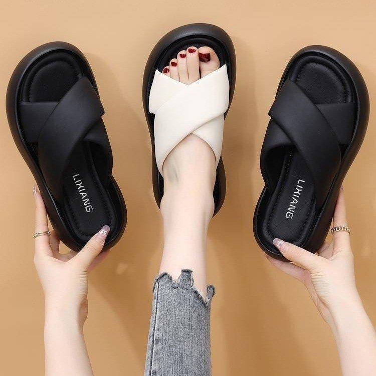 Slippers Women's Outer Wear 2025 Summer New Muffin Thick Bottom Non-slip Cross Belt Soft Bottom Casual Beach Cool Slippers