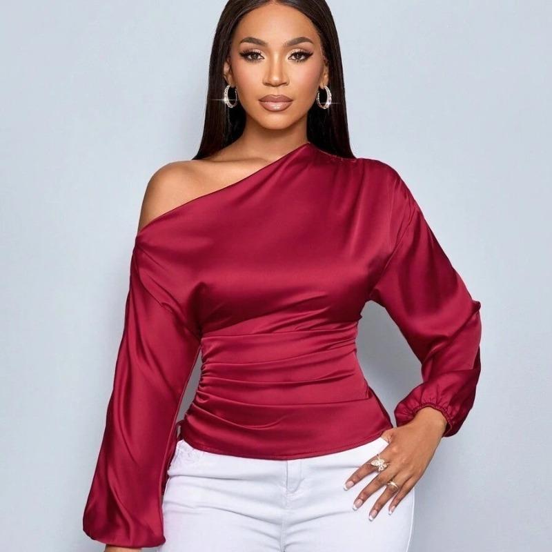 Fashion Elegant Skew Collar Loose Women's Shirts Spring and Summer Long Sleeve Lady Casual Blouses Tops Simple Asymmetric Shirt Female Clothing 26400