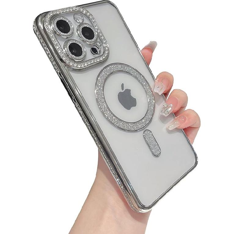 Caseative for iPhone 14 Pro Max Case,Glitter Bling Clear Magnetic Compatible with MagSafe Wireless Charging (Silver) серебряный