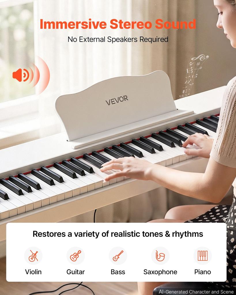 Digital Piano 88 Keys Semi Weighted Full Size Keyboard Stand White, for Beginners, 600 Tones, 600 Rhythms, Electric Piano, with Sustain Pedal,
