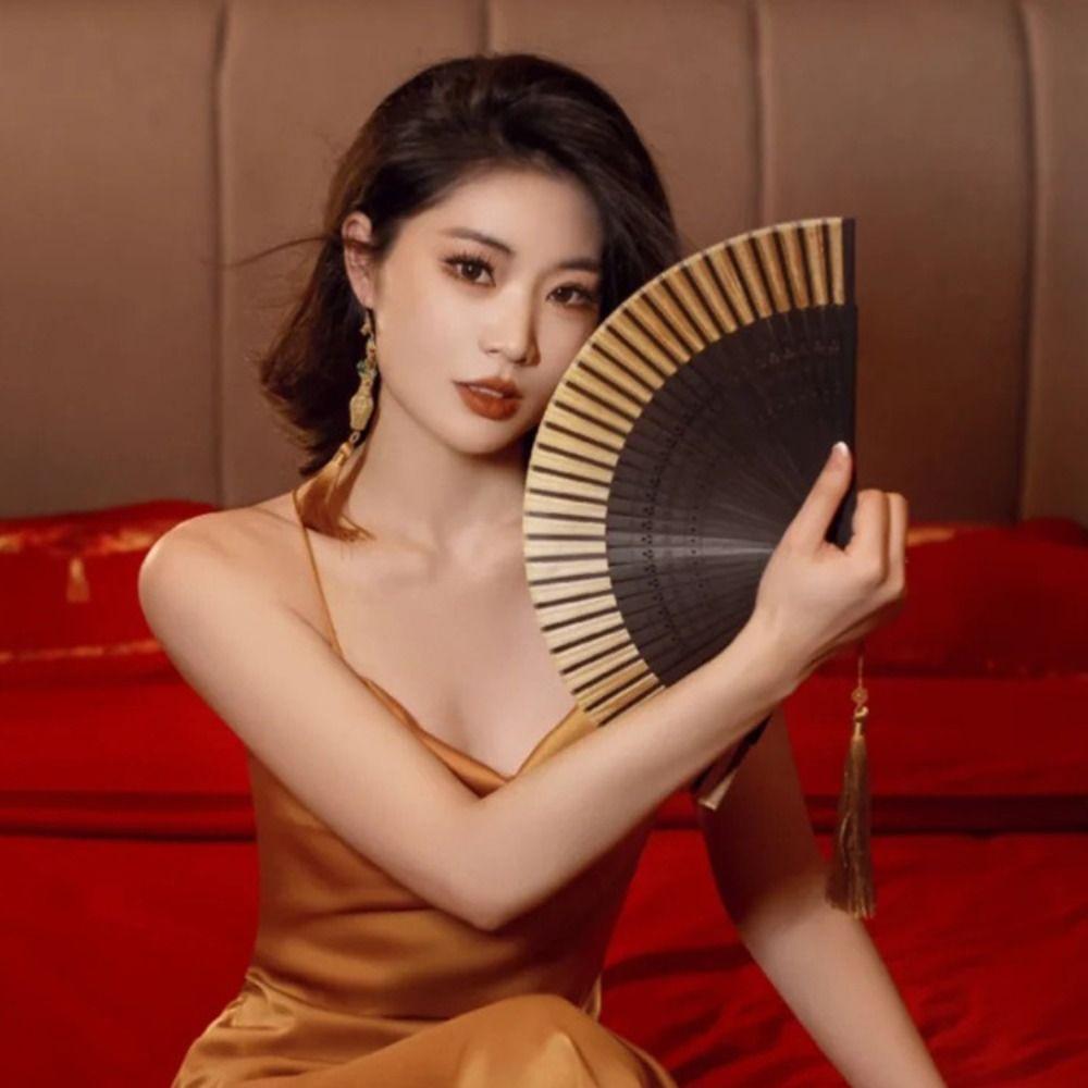 Chinese Style Folding Fan Bamboo Handle Props Fan Elegant Dance Hand Fan  Home Decoration
