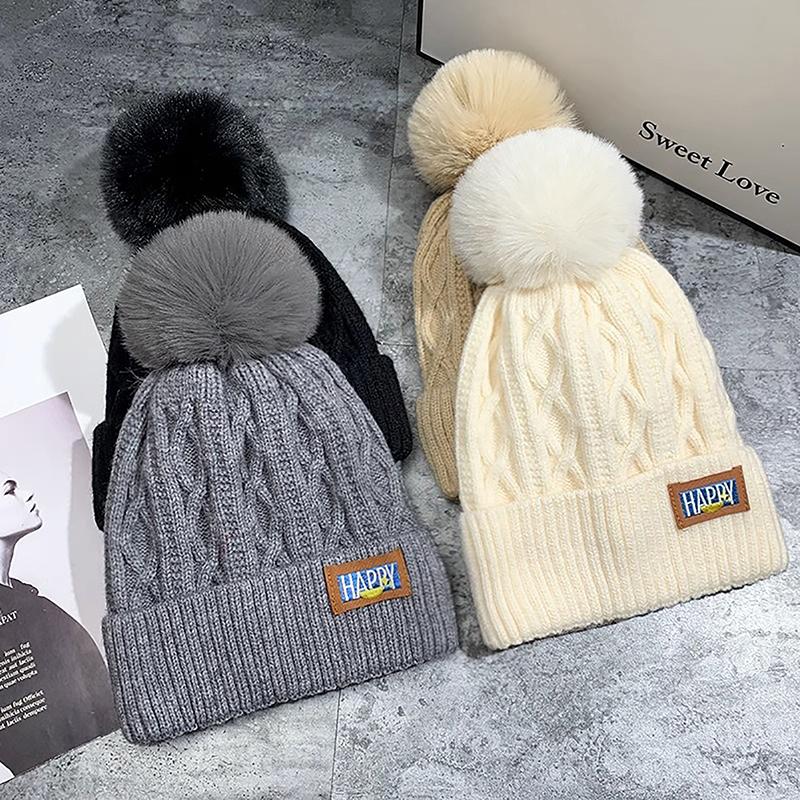 Women Solid Color Thicken Plush Beanie Cap Female Autumn Warm Crochet Hats Autumn and Winter Women's Pompom Knitted Hat