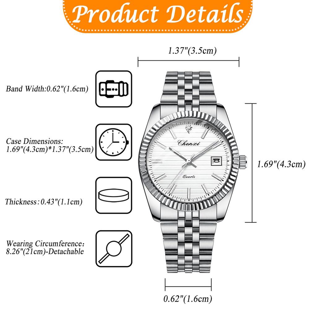 Watch with 3D Cut Stainless Steel 3ATM Water Date Luminous Adjustable Analog Quartz Durable for Business and Casual Wear Perfect for or as a Keepsake