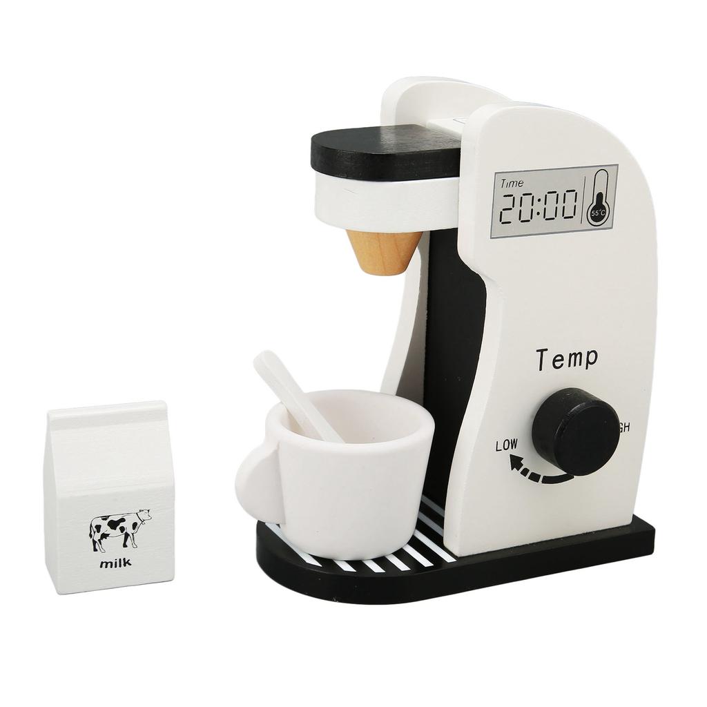 Kids Coffee Maker Playset Black White Rounded Edges Educational Wood Vivid Toddler Kitchen Playset f