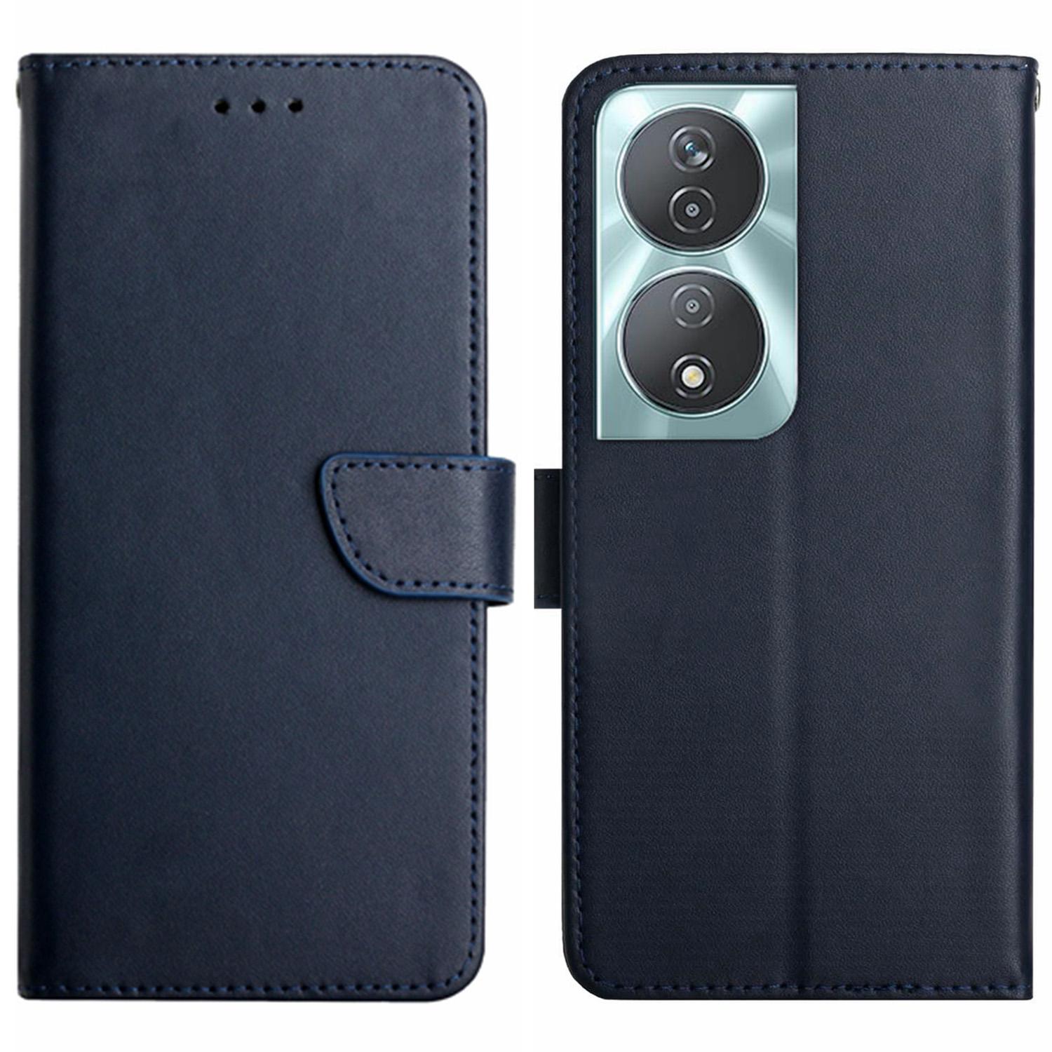 

HT02 For Honor 90 Smart Cell Phone Cases Nappa Texture Genuine Cow Leather Stand Cover Blue