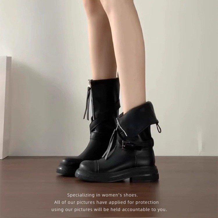 

Осенние новые сапоги длиной до колена, женские сапоги с пряжкой на толстой подошве, мотоциклетные сапоги, модные сапоги с высоким рукавом 39