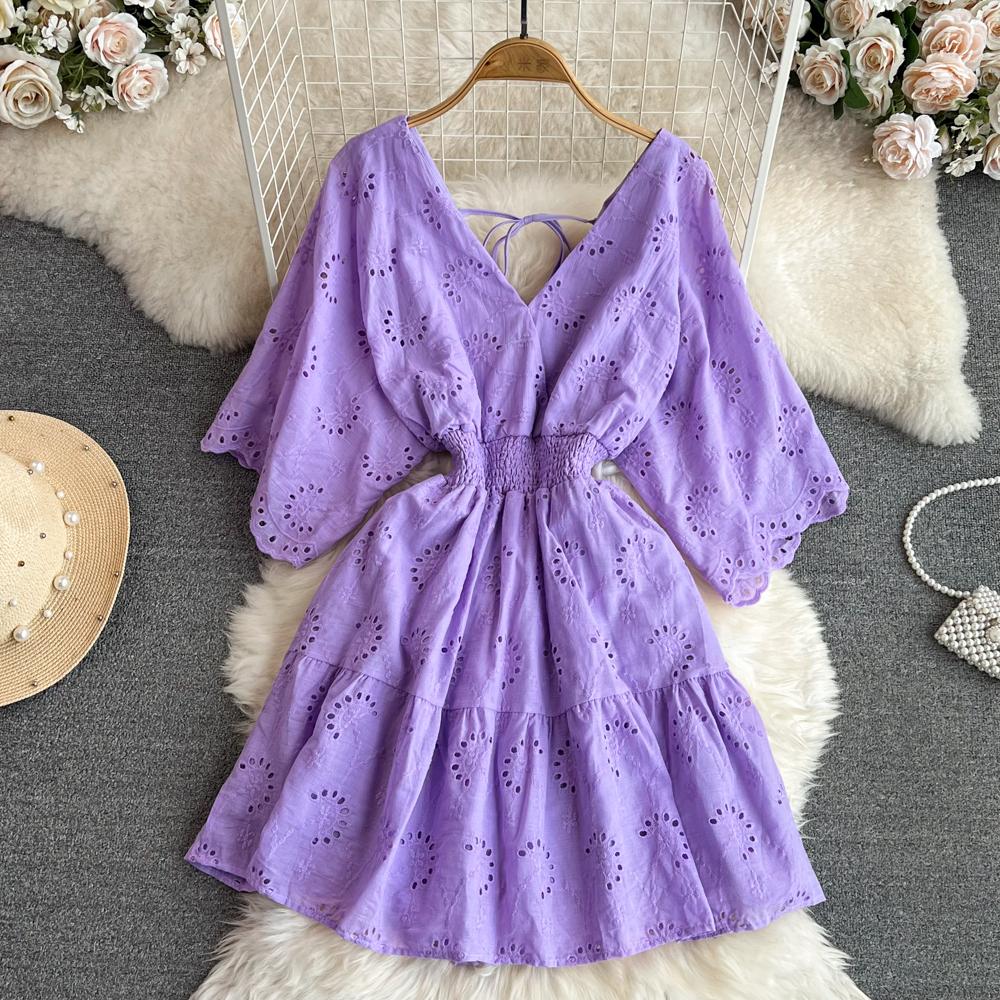 Vestido Vintage con bordado calado de cintura alta, vestido de hada acampanado de manga corta, Vestidos elegantes de playa para verano, vestido veraniego para vacaciones para mujer