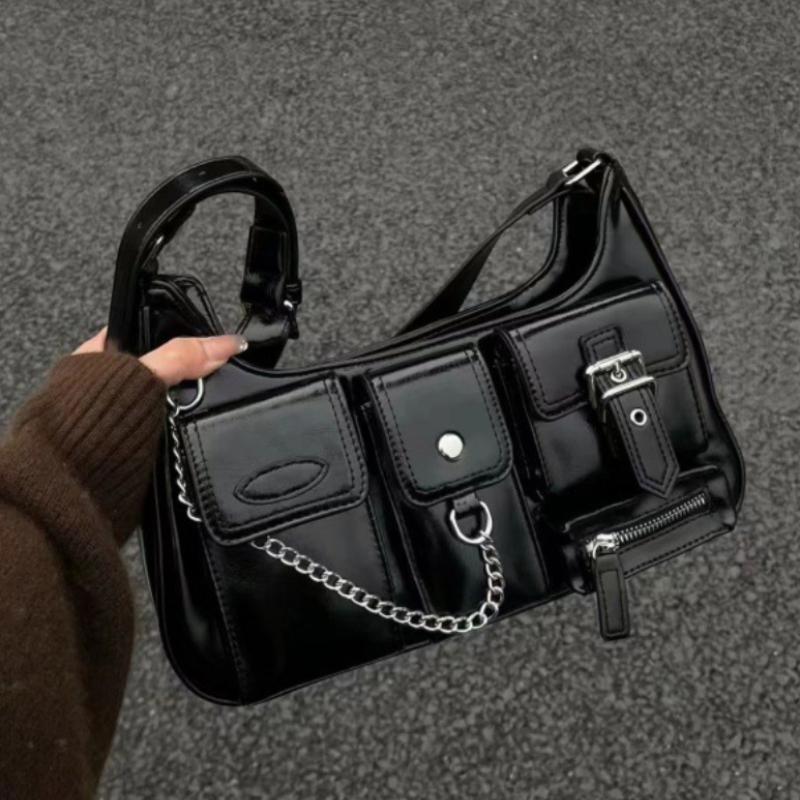 Women Biker Bag Multi Pocket Commuter Shoulder Solid Color Slant Cross Chain Bag