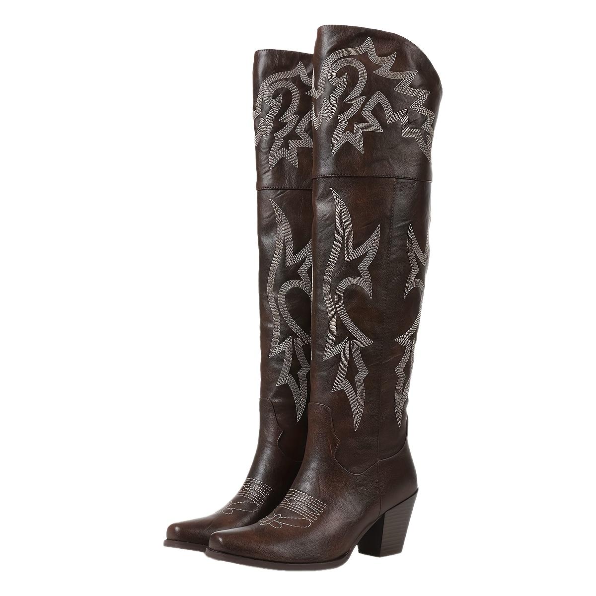 Women Over The Knee Western Cowboy Chunky High top Heel Square Toe Side Zipper Retro Leisure Dressy Cowgirl US 35 9430₽