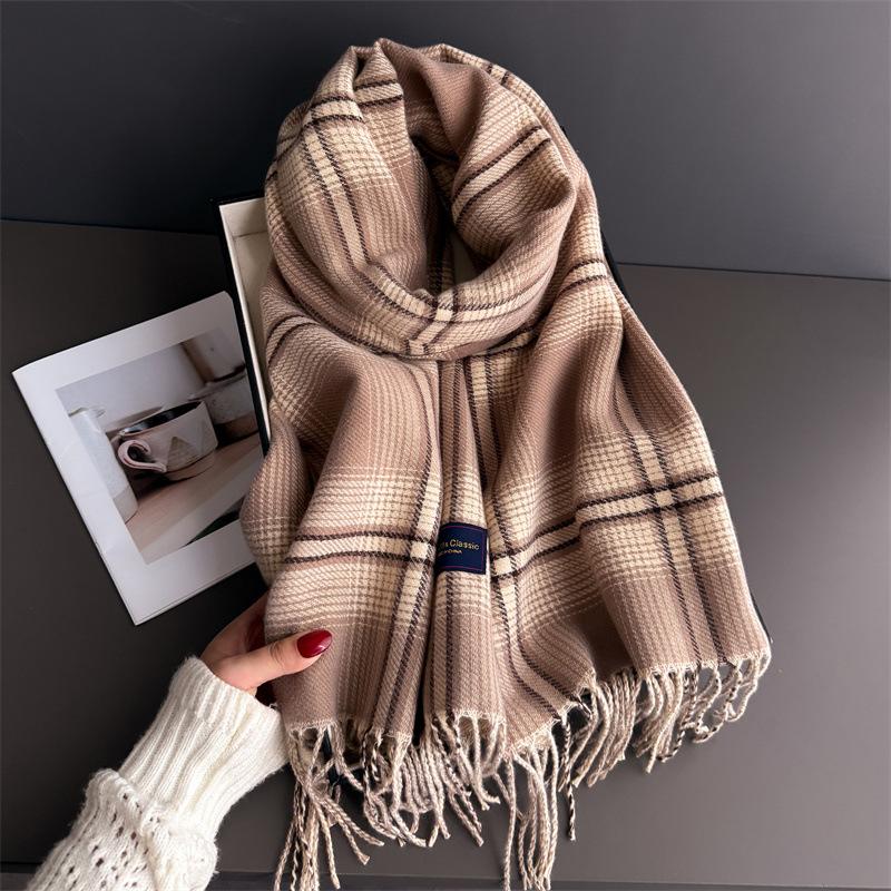 

Korean High-End Autumn And Winter Plaid Warm Scarf Women S Shawl Versatile Commuter Fringed Fine Sand Imitation Cashmere Scarf 200cmX53cm (with tassel)