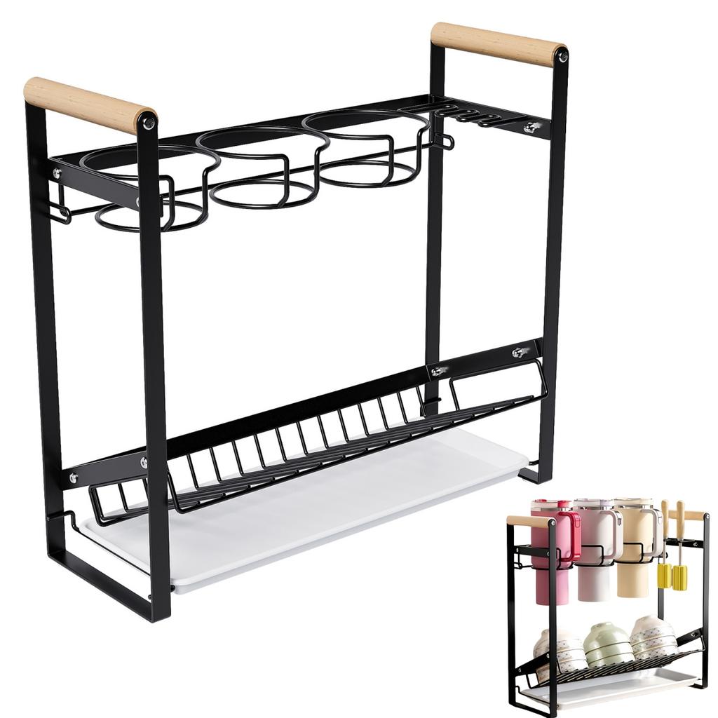For Kitchen Countertop Tumbler Organizer Water Bottle Holder with Drainage Tray Drying Rack and Side Brush Storage