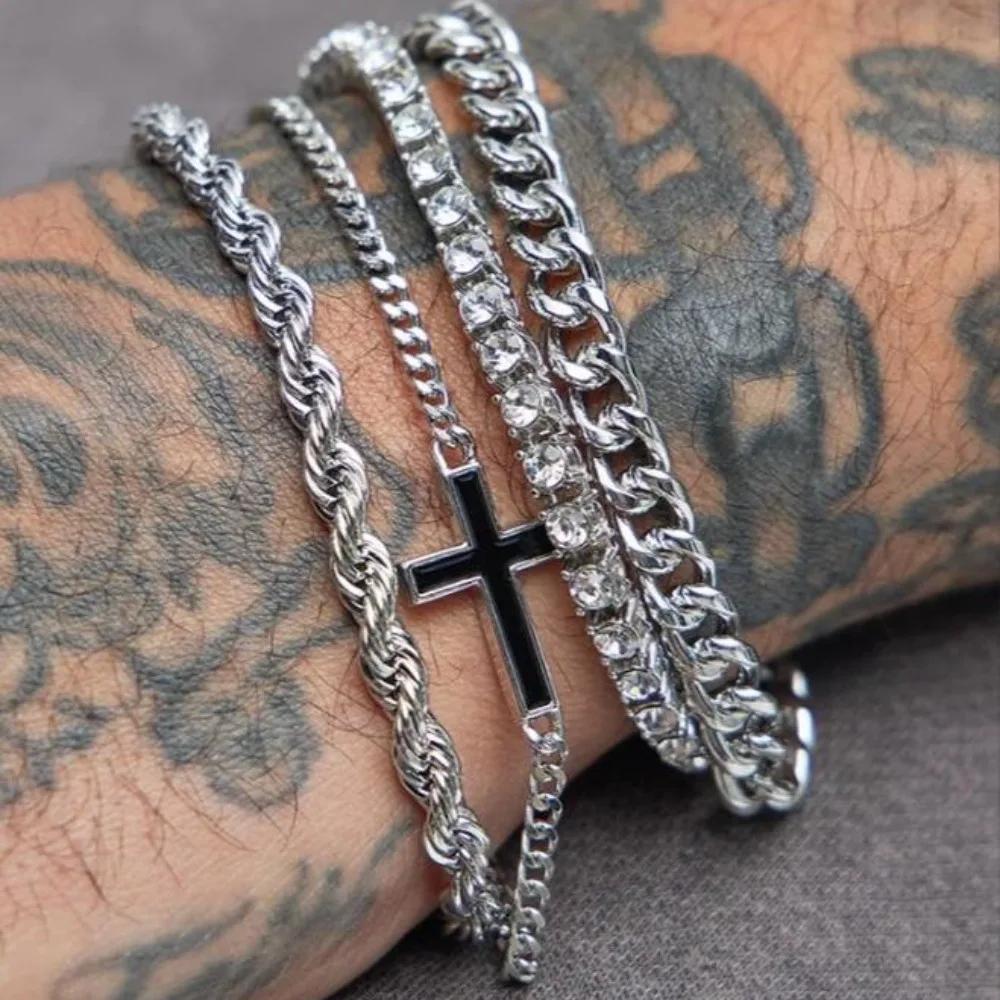4PCS Men's Double Layer coppery Adjustable Cross Charm Zircon Bracelet Classic and Fashionable Punk Style
