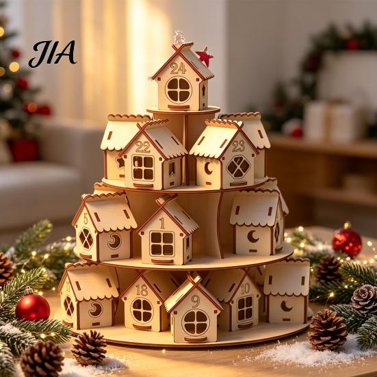 Weihnachtsparty Dekoration Holz Adventskalender, 24 Haus Countdown Display Ständer mit Baum Kalender Form, Festlicher Feiertag Tischplatte Regal