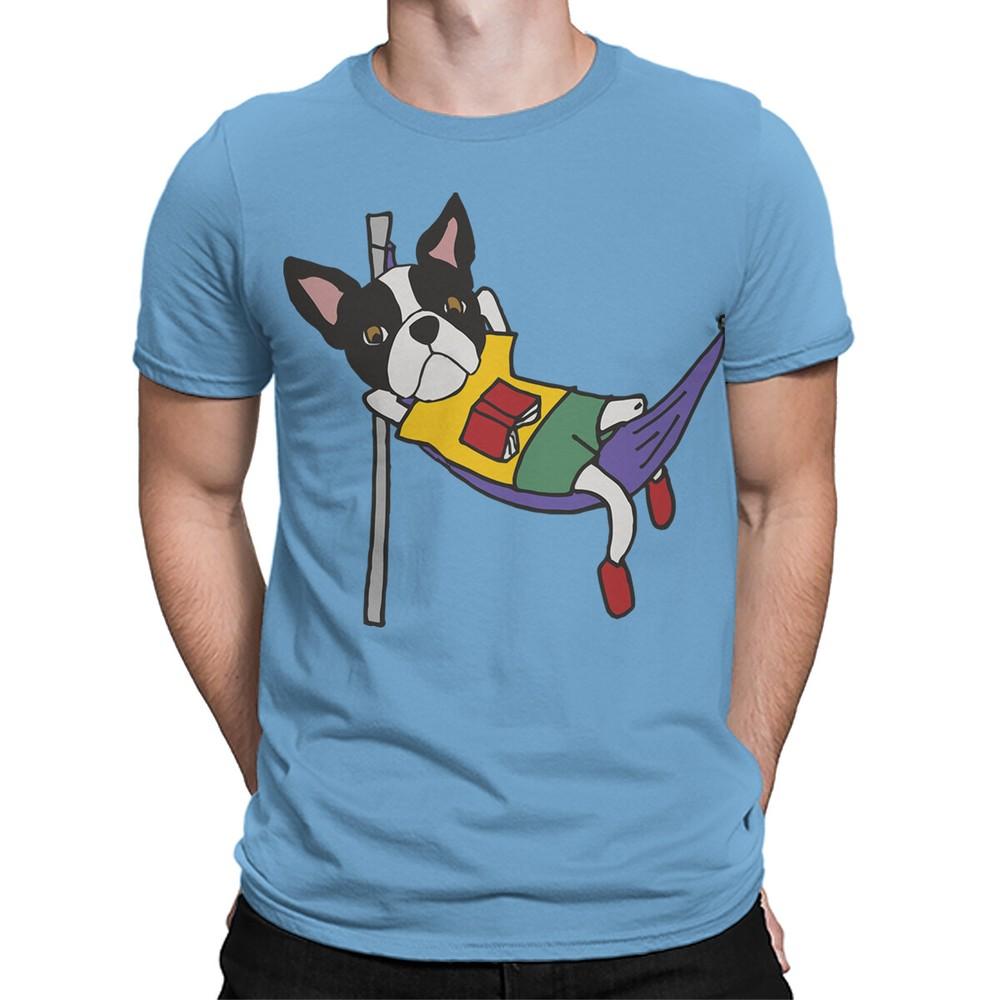 Boston Terrier Dog in Hammock While Reading A Book Mens Womens Kids T Shirt 2XL