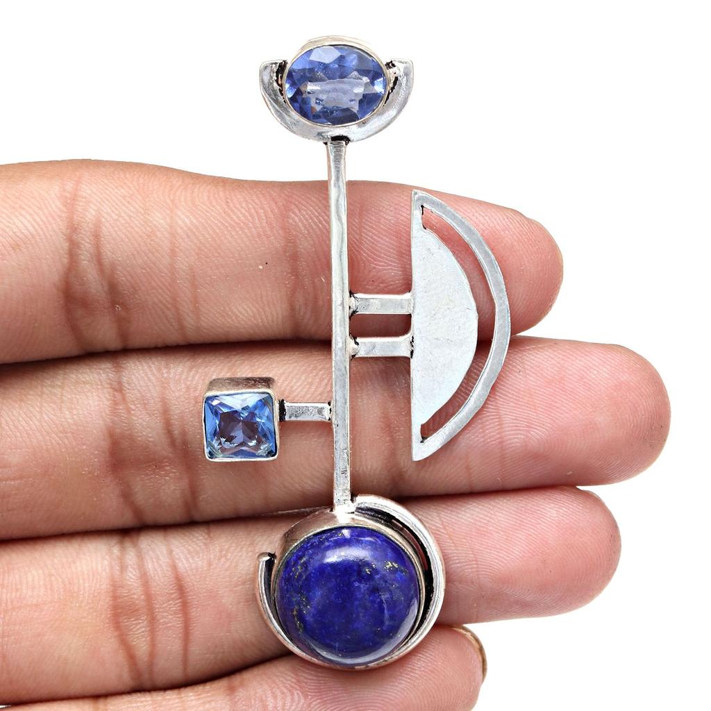 Lapis Lazuli Sky Blue Topaz  Mother's Day Silver Jewelry Pendant  2.5"