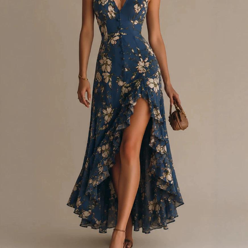 Europe and the United States summer popular women's clothing split design sense sleeveless printing dress