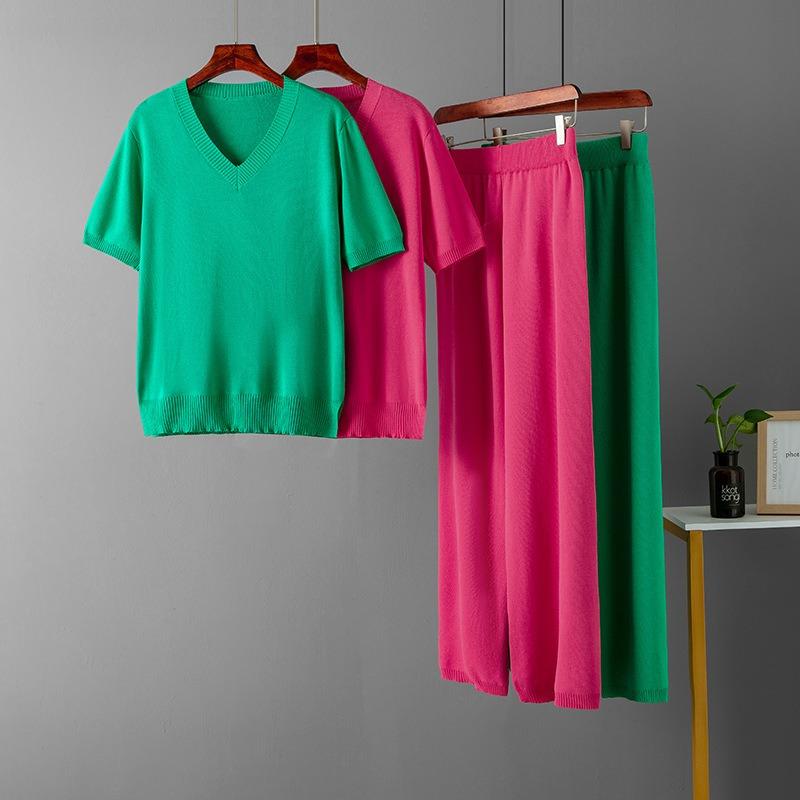 Fashion suit women's collar loose split knitted sweater top two-piece set high waist waist drape straight casual trousers