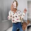 Damen Bluse Modisch Bedrucktes Langarmshirt Schmetterling Bedrucktes Reversshirt