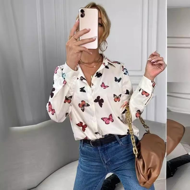 Damen Bluse Modisch Bedrucktes Langarmshirt Schmetterling Bedrucktes Reversshirt