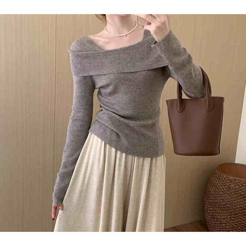 

Sweet one-word shoulder square neck long-sleeved women s top autumn new slim-fit knitted sweater sweater with base One Size верблюд