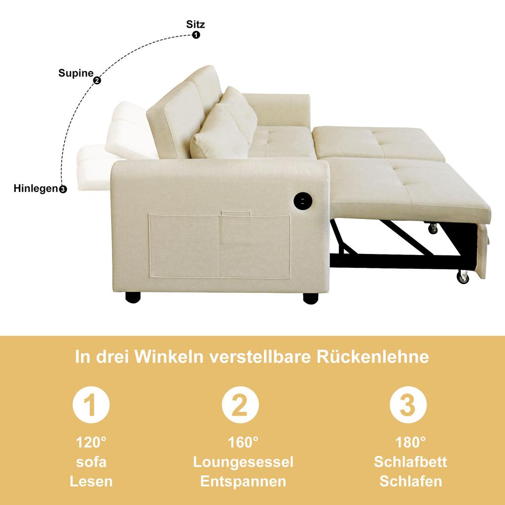 Design moderno: Divanetto 3-in-1 Divano Estraibile con Schienale Regolabile, USB, Tasche sui Braccioli e Cuscini. Adatto per Soggiorno, Camera da Letto, Appartamento