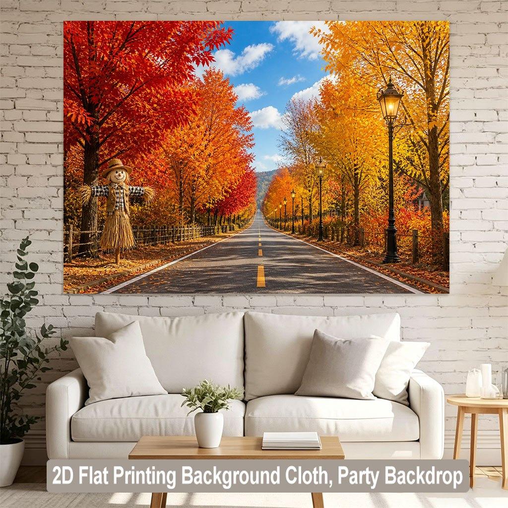 2D Flat Surface 1 Piece Autumn Roadside Backdrop with Lush Foliage Banner Suitable for Parties