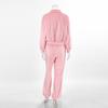 Womens Fall Winter Street Style 2-Piece Tracksuit Set Pink Polo Neck Top Velvet Pants