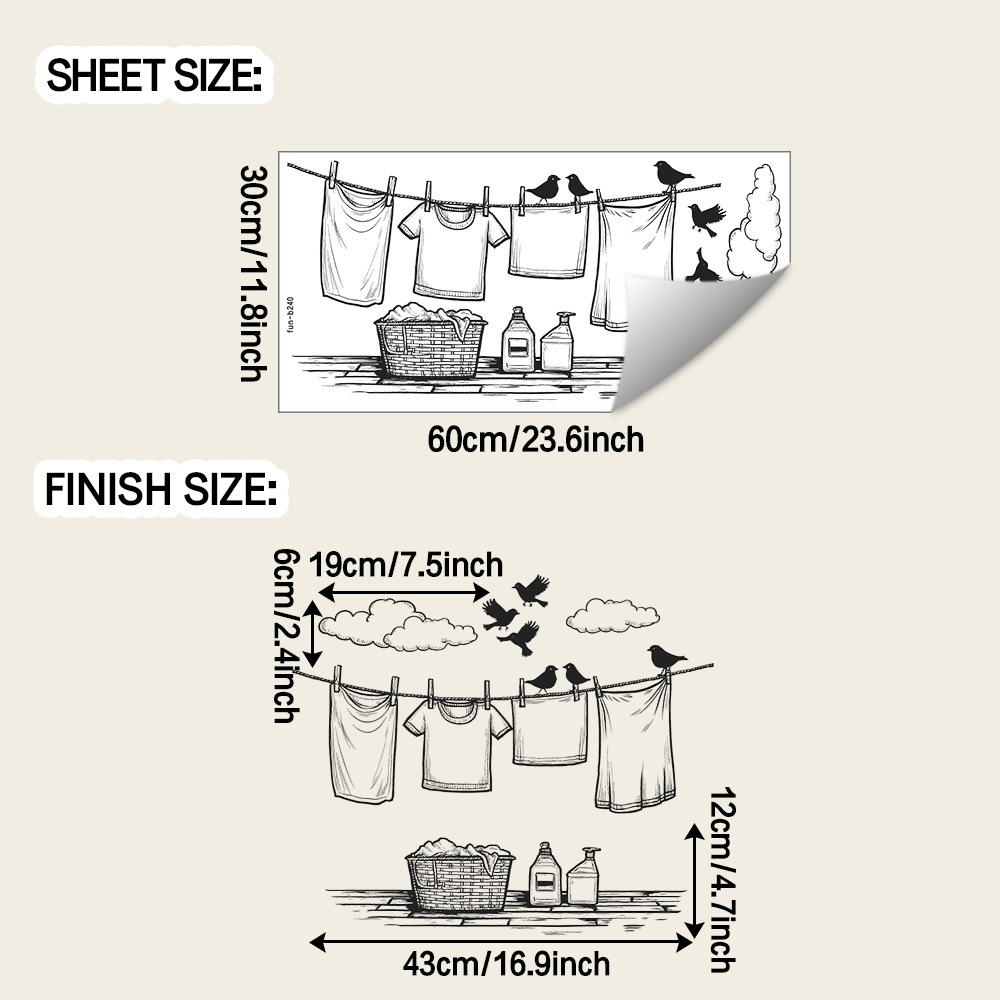 Cartoon Einfache Wäscheleine und Wolke Vogel Waschküche Heimdekoration Wandaufkleber