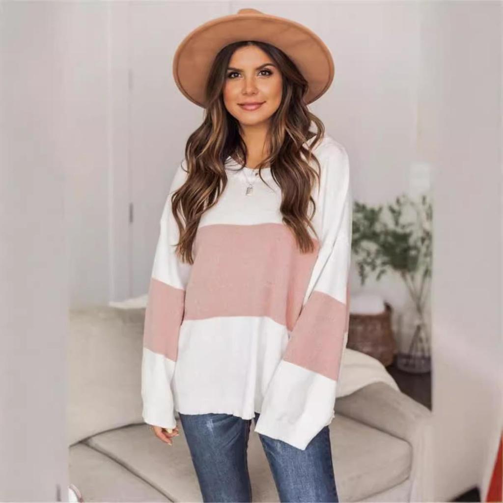 2025 New Style Plus Size Women’s Round Neck Color Block Striped Loose Knit Sweater
