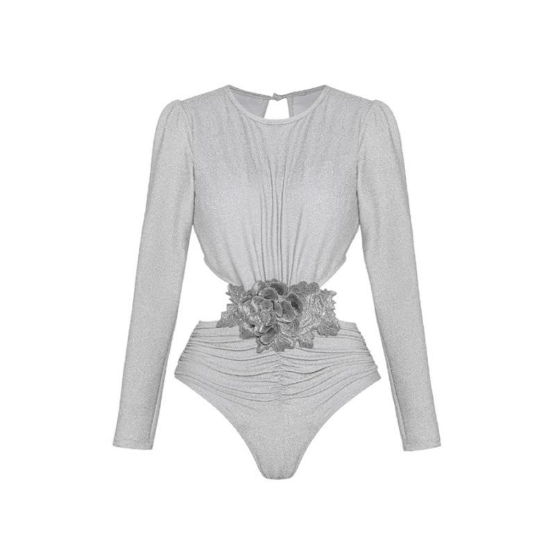 Jednokolorowy Błyszczący Kostium Kąpielowy Jednoczęściowy z Wycięciami i Długim Rękawem 2023 - Nowy Styl Europejski i Amerykański