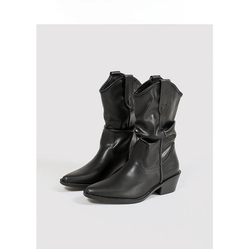 Pointed-toe Shoes, Short Boots, Women s New Autumn and Winter Retro Chunk-heeled Boots, Pleated Boots 40 чёрный