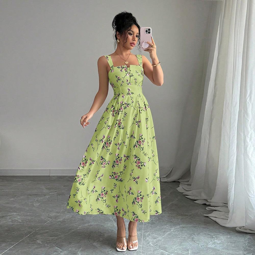 2026 European and American New Halter Suspenders, Temperament Printing To Win Fashionable Long Dresses
