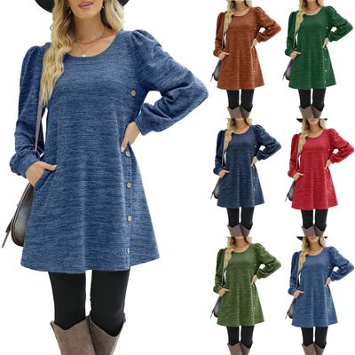 Mode Dames Ronde Hals Effen Kleur Knoop Lange Mouw Casual Losse Jurk