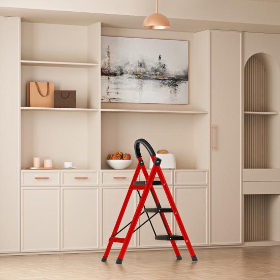 Step Ladder, 3 Step Ladder Folding Step Stool, Multi-Purpose Collapsible Ladder for Home or RV Outdoor Work, Heavy Duty 330 Lbs Load (White, Red)