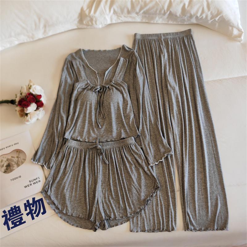 Women's Four-Piece Camisole Pajama Set with Built-in Bra, All-Season Modal Sleepwear