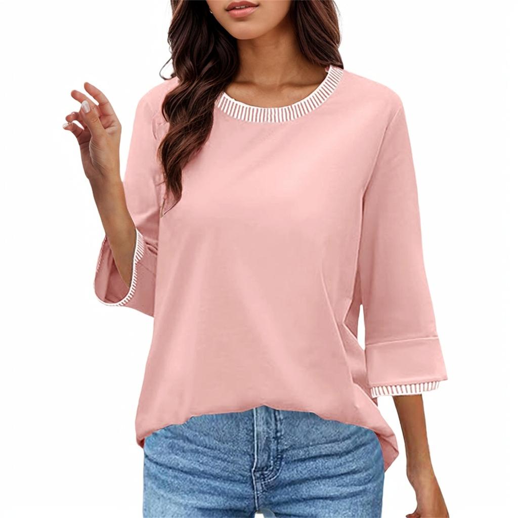 Women's Fashion Casual Threaded Round Neck Seven Points Flare Sleeve T-Shirt Top