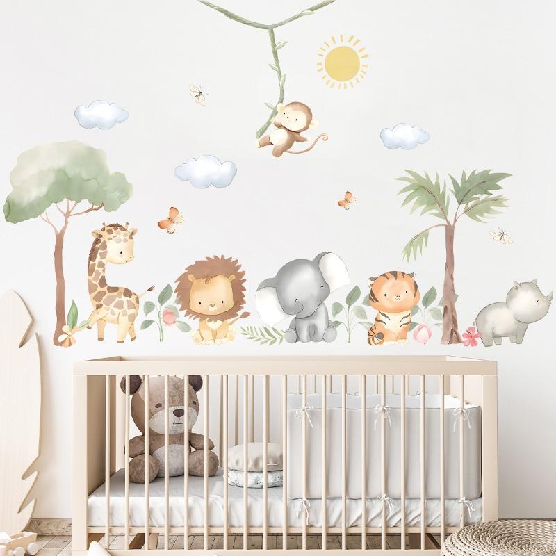 Cartoon Niedlich Löwe Elefant Giraffe Baum Wald Tiere Wandaufkleber für Schlafzimmer Wohnzimmer Kinderzimmer Dekoration Wanddekal