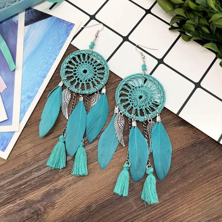 European and Korean Temperament Dream Catcher Element Earrings Female Bohemian Seaside Vacation Feathers Fringed Earrings Versatile Earrings